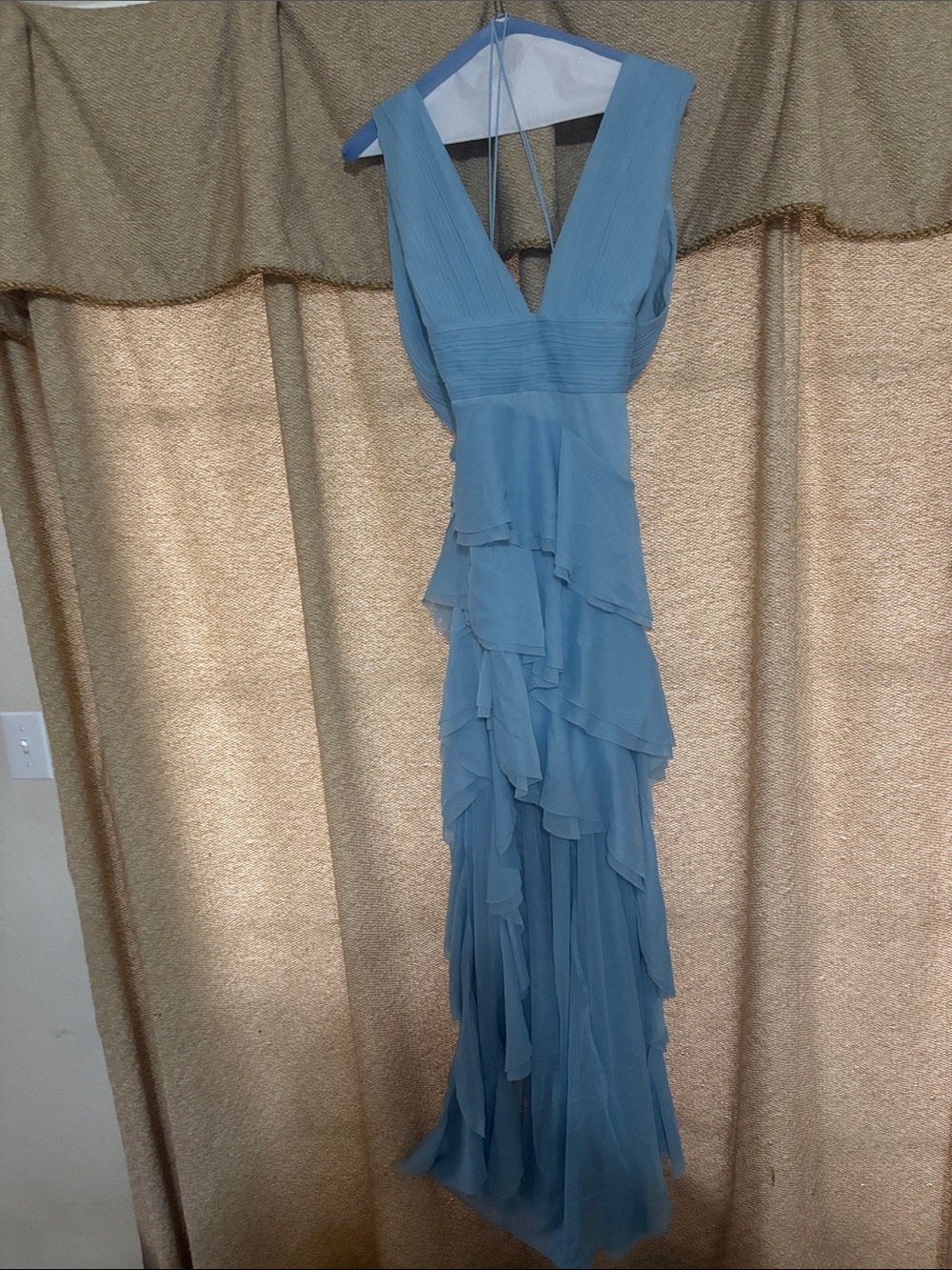 Alice + Olivia Dusty Blue Layered Ruffle V-Neck Maxi Dress